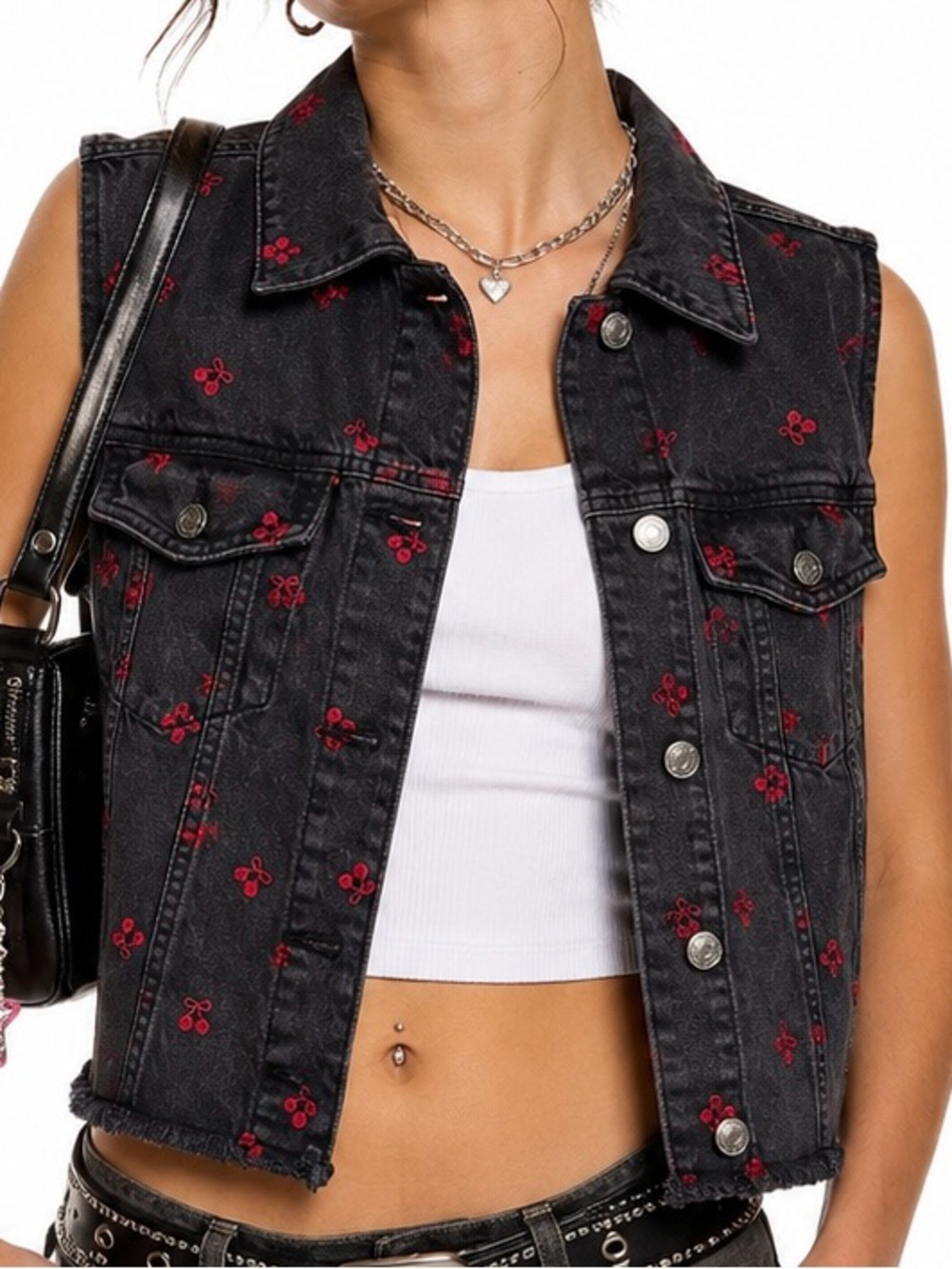 Wild Fable Cherry Embroidered Black Denim Vest Raw Hem Y2K Coquette Size S